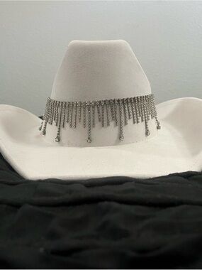 White Western Cowboy Hat with Silver Rhinestone Fringe